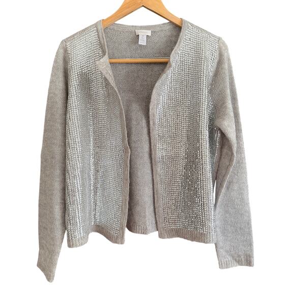 CHICO'S Gray Sequined Shae Open Front Cardigan Wool Mohair Blend Size 2 / Large - Picture 1 of 8